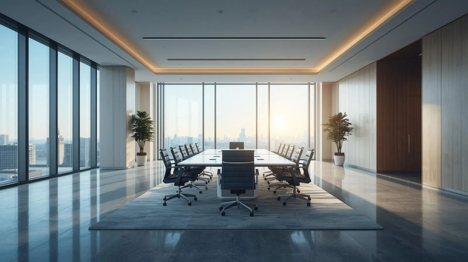 Modern boardroom with city skyline view.